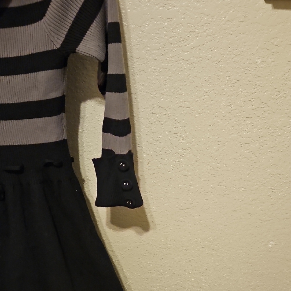 Apostrophe Black and Gray Striped Sweater Dress with Cowl Neck - Picture 5 of 11